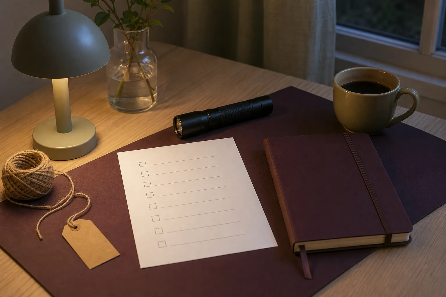 Checklista, anteckningsbok och kaffe på skrivbord