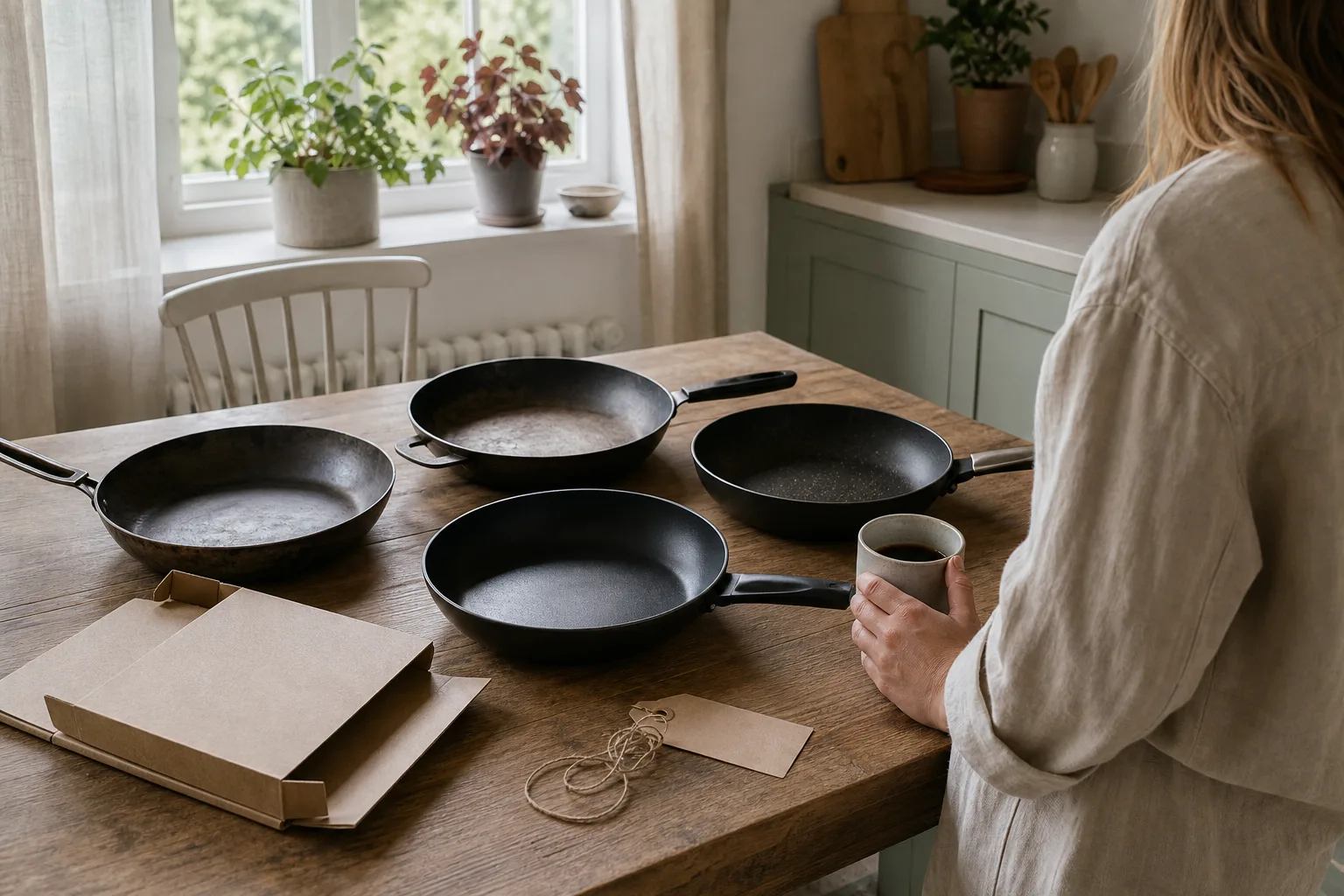 Pannor, neutral kartong och kaffe på köksbord