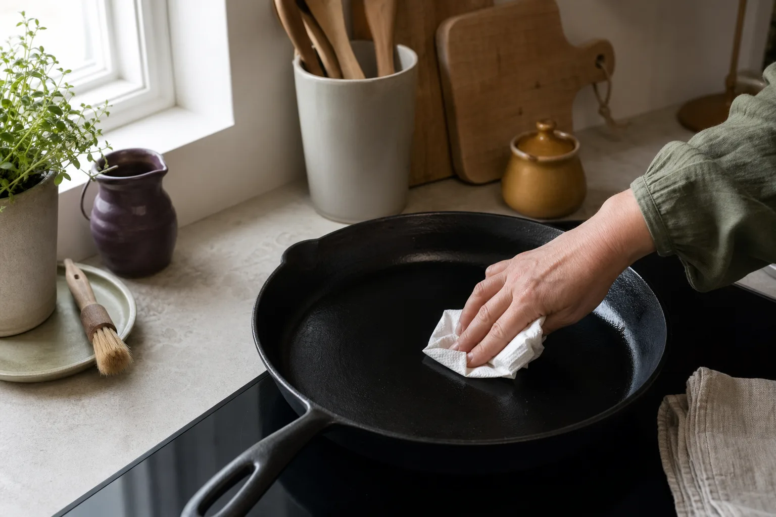Hand oljar in en gjutjärnspanna