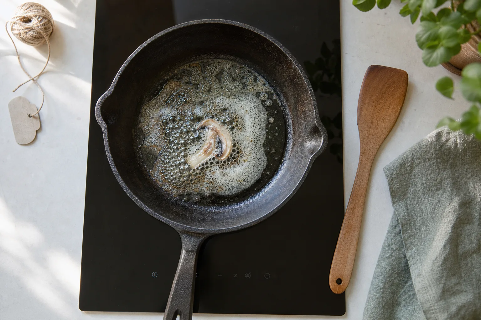 Inbränd gjutjärnspanna med fräsande smör