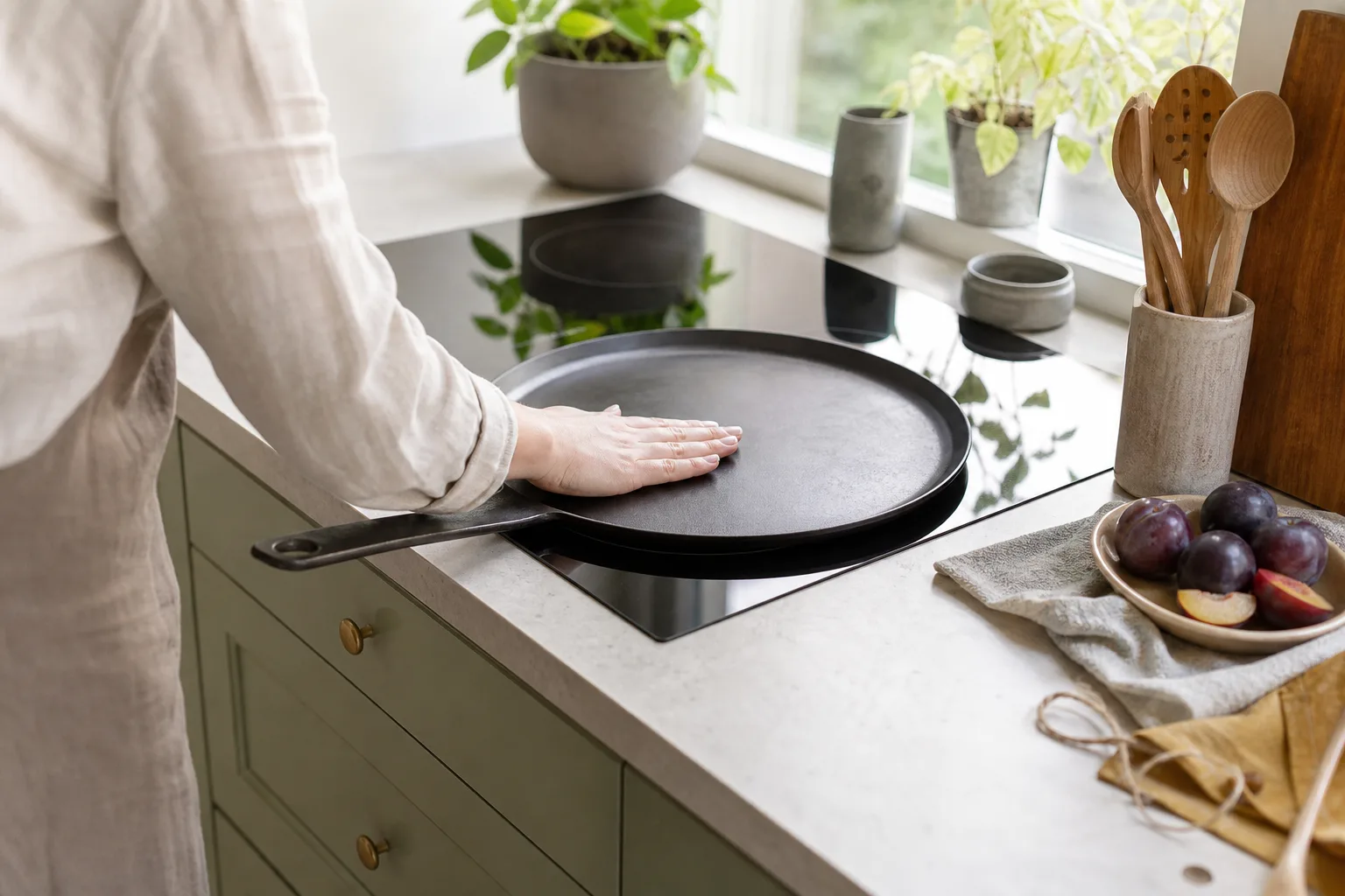Kolstålspanna med plan botten på induktion