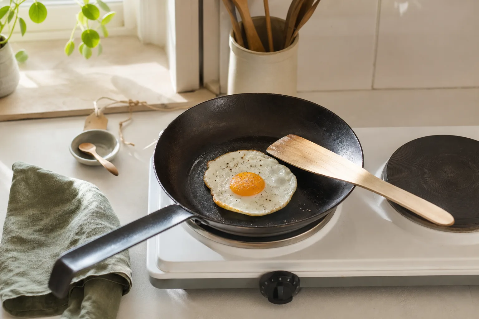 Enkel stekpanna med stekt ägg