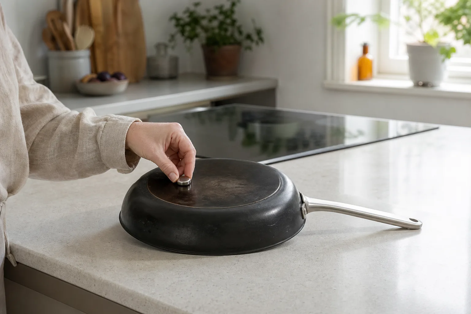 Magnet fäster mot stekpannans undersida