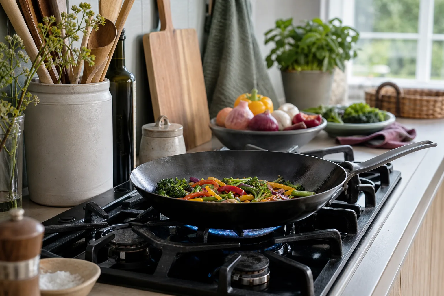 Kolstålspanna på låg gaslåga