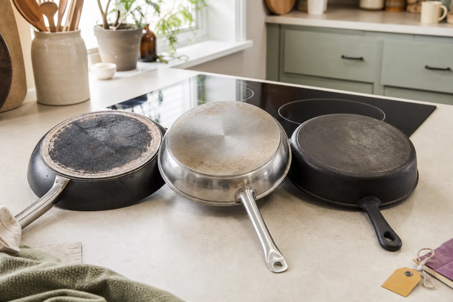 Tre pannbottnar framför induktionshäll