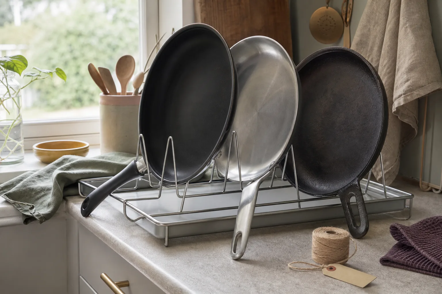 Tre pannor med olika ytor vid köksfönster