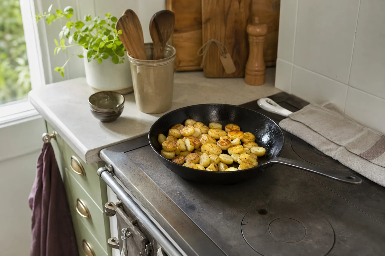 Rå gjutjärnspanna med stekt potatis