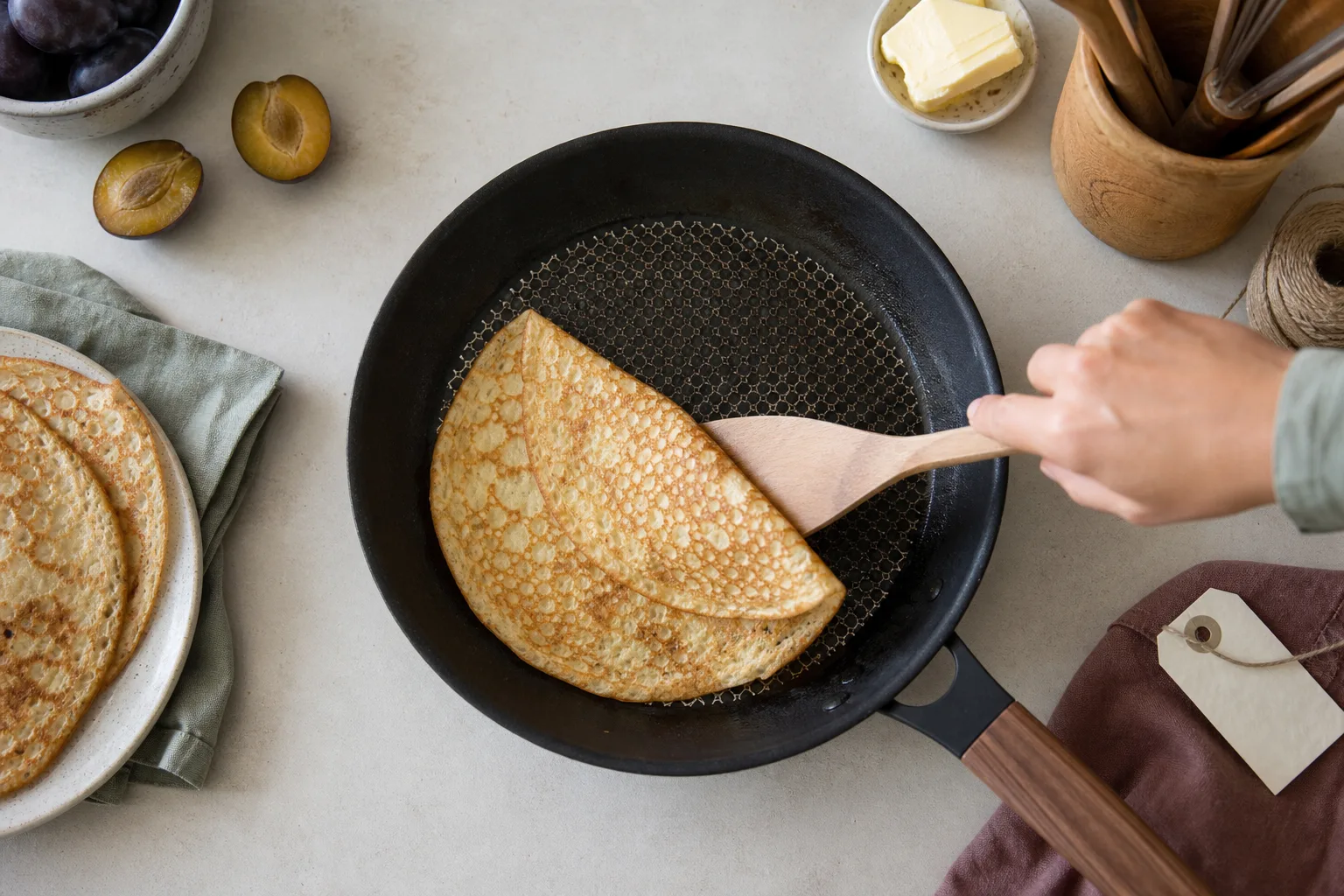 Hybridpanna med pannkaka och träspatel