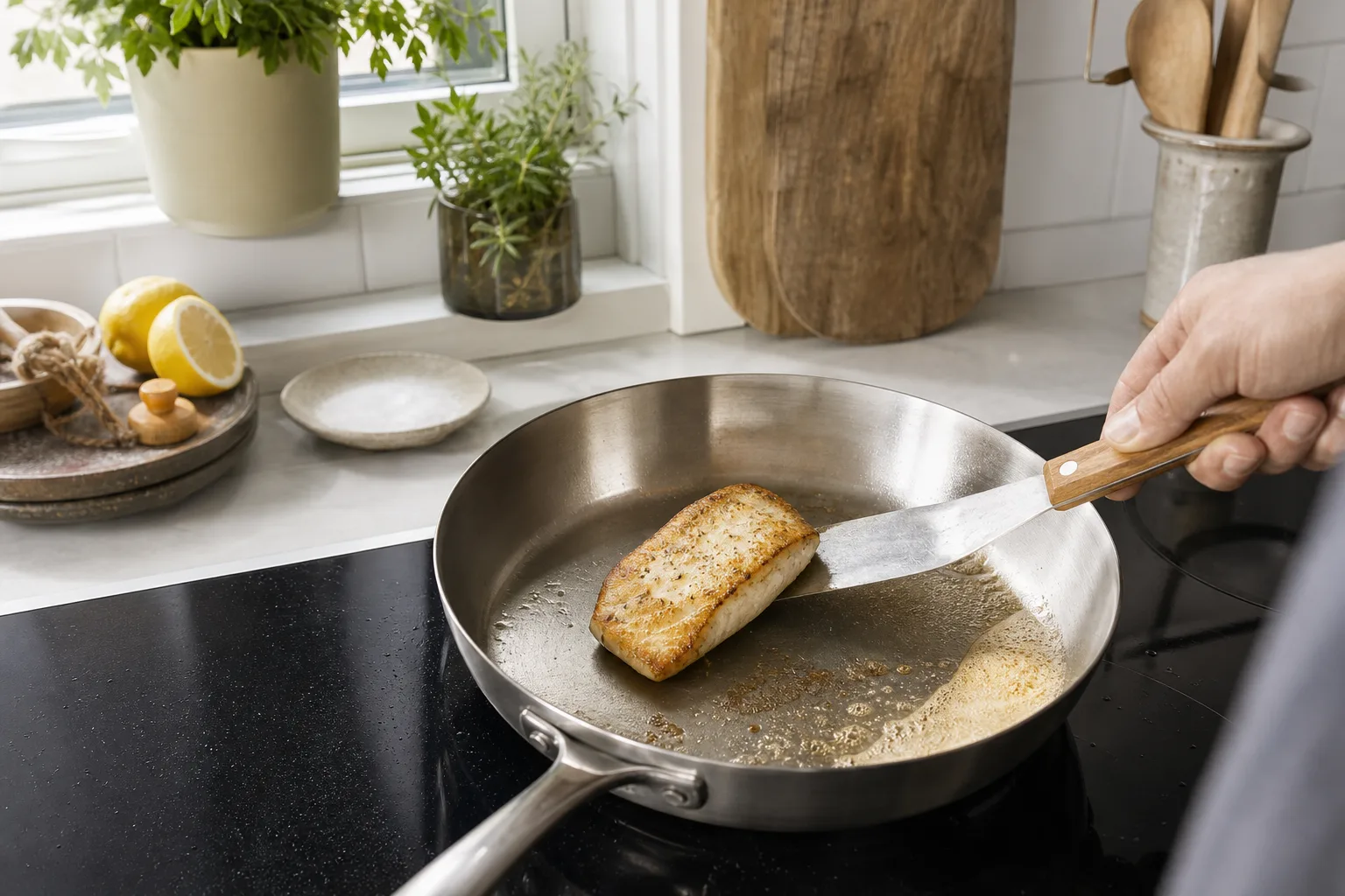 Fisk släpper från varm rostfri stekpanna