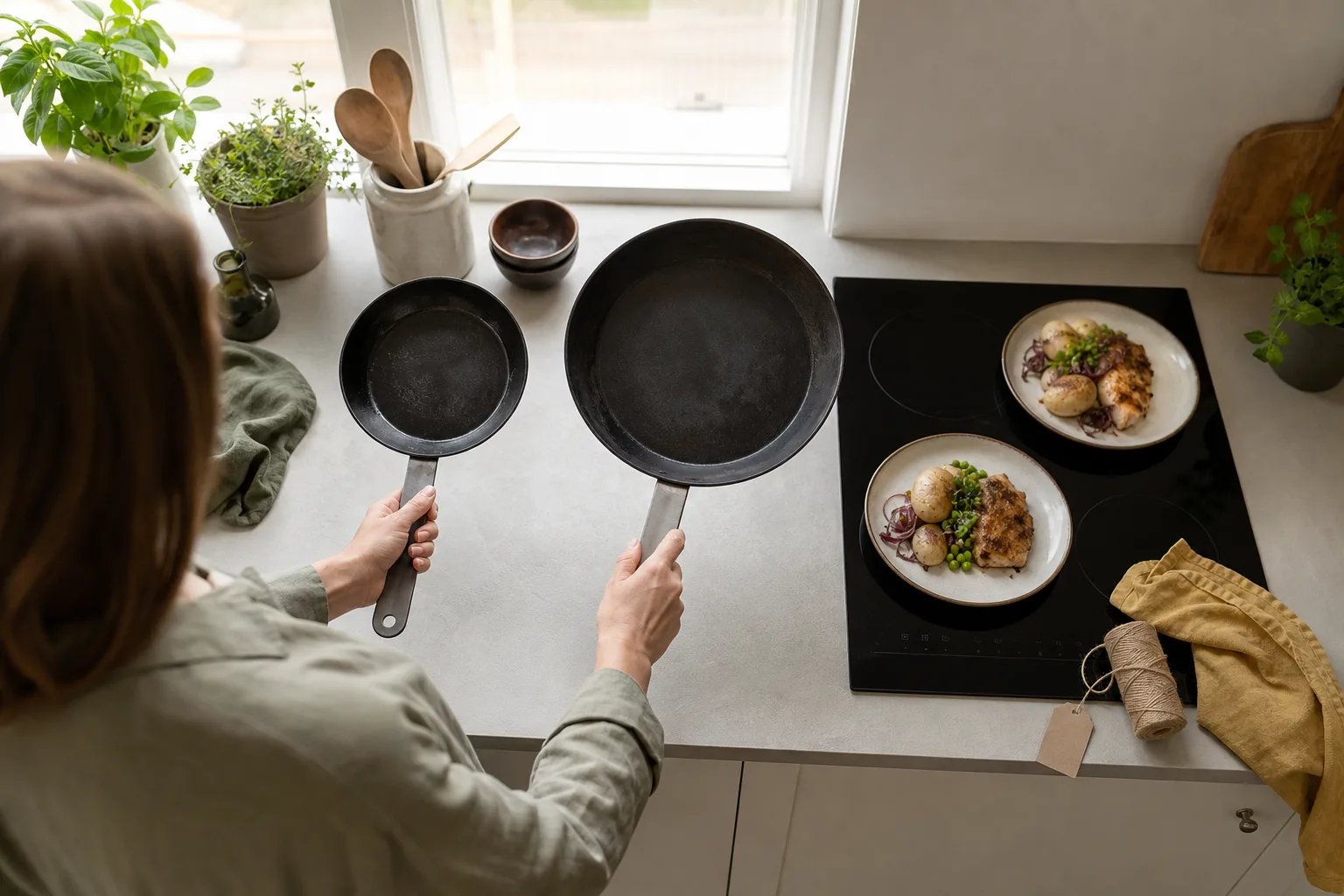 Hand jämför liten och stor stekpanna