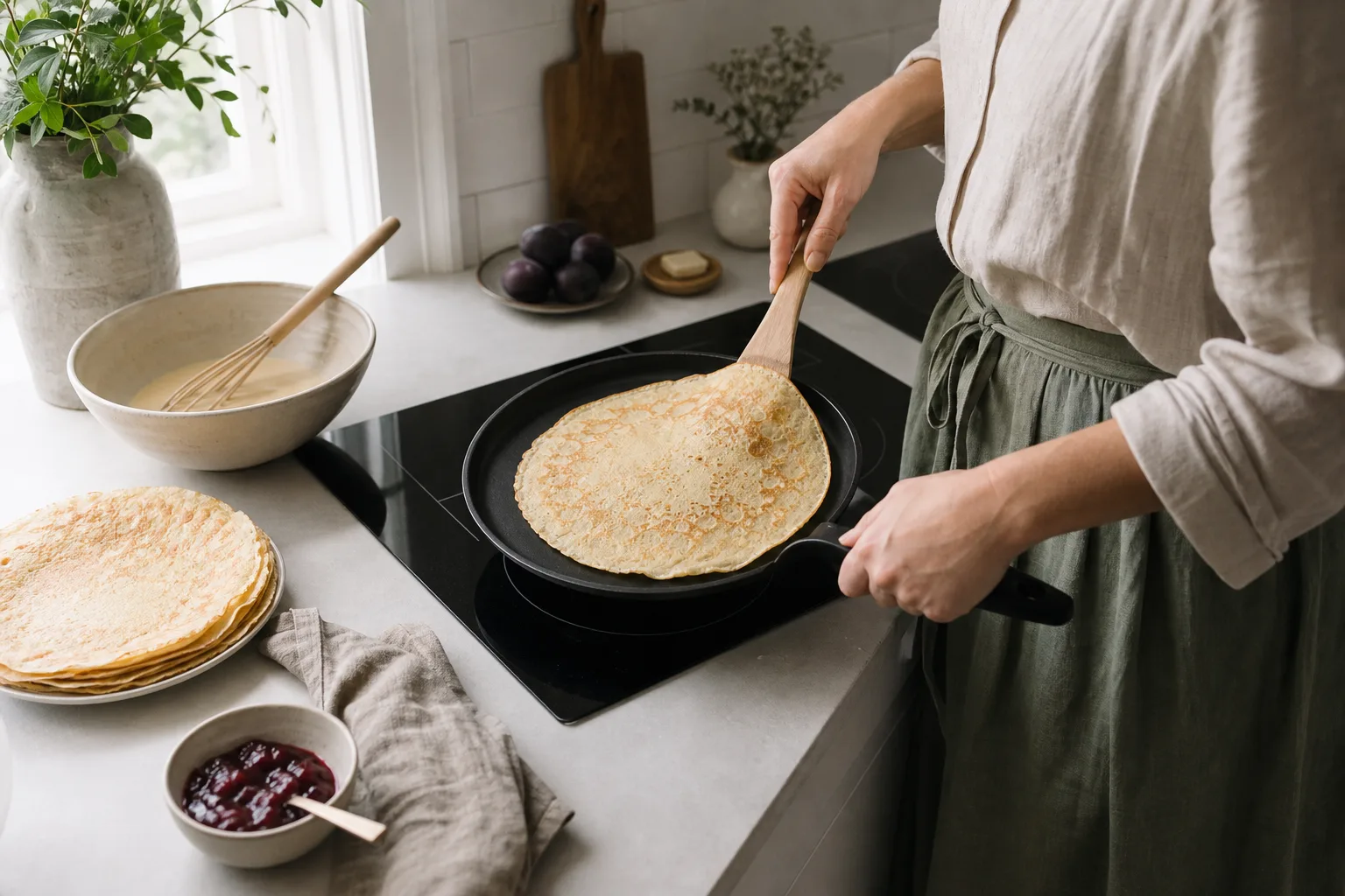 Pannkaka lossnar från låg pannkakspanna