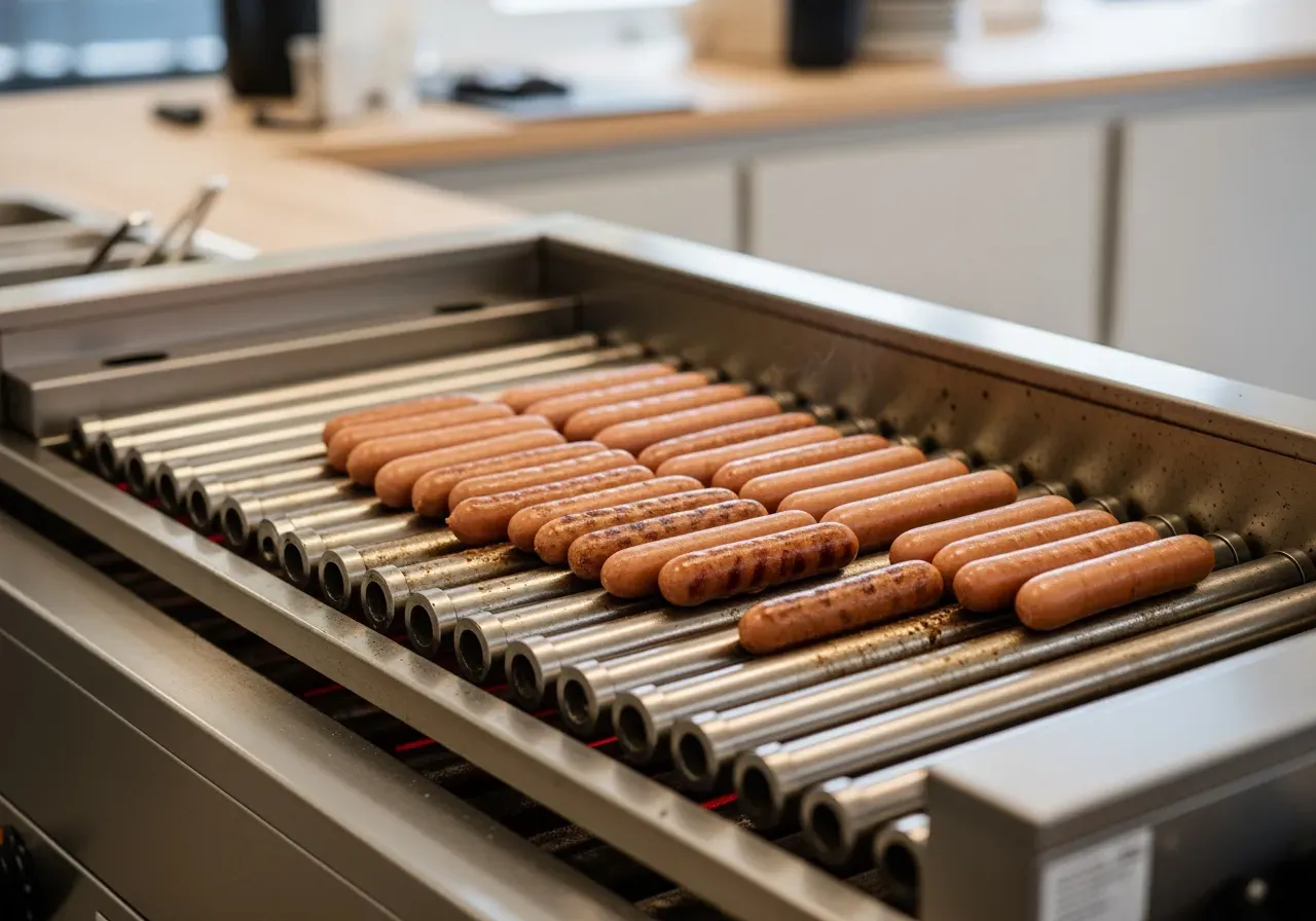 Korvgrill med stavar i drift