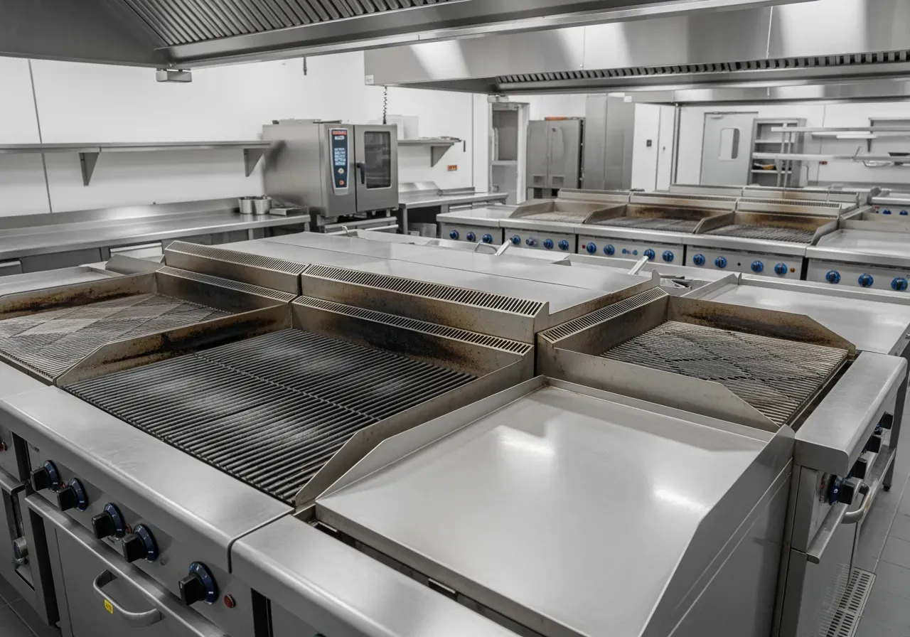 Grillar och stekbord i storkök