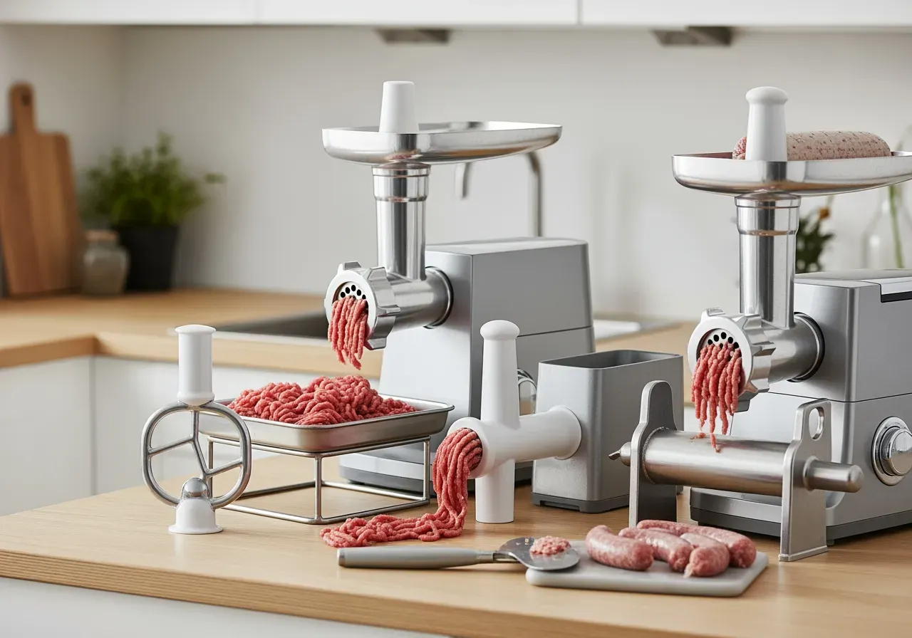 Köttkvarnstillbehör och korvskärare i bruk