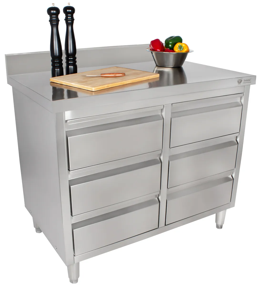 Lådskåp i rostfritt stål med uppstående kant - 6 lådor