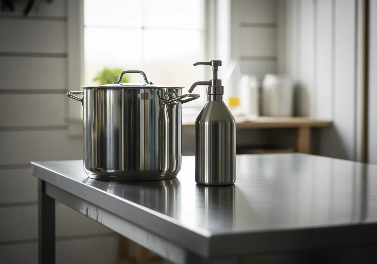 Rostfri arbetsbänk med gryta och dispenser