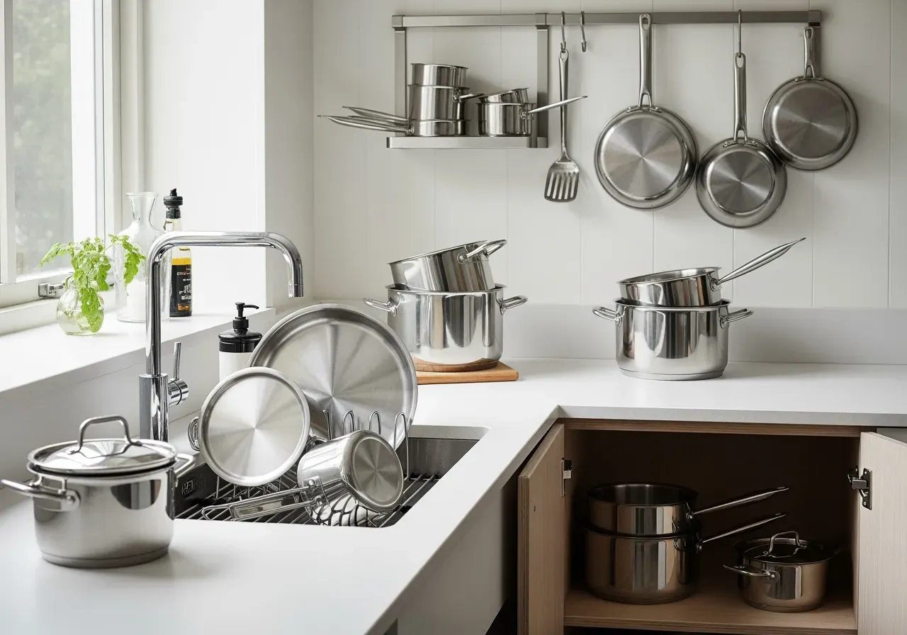 Disk och förvaring av rostfria grytor