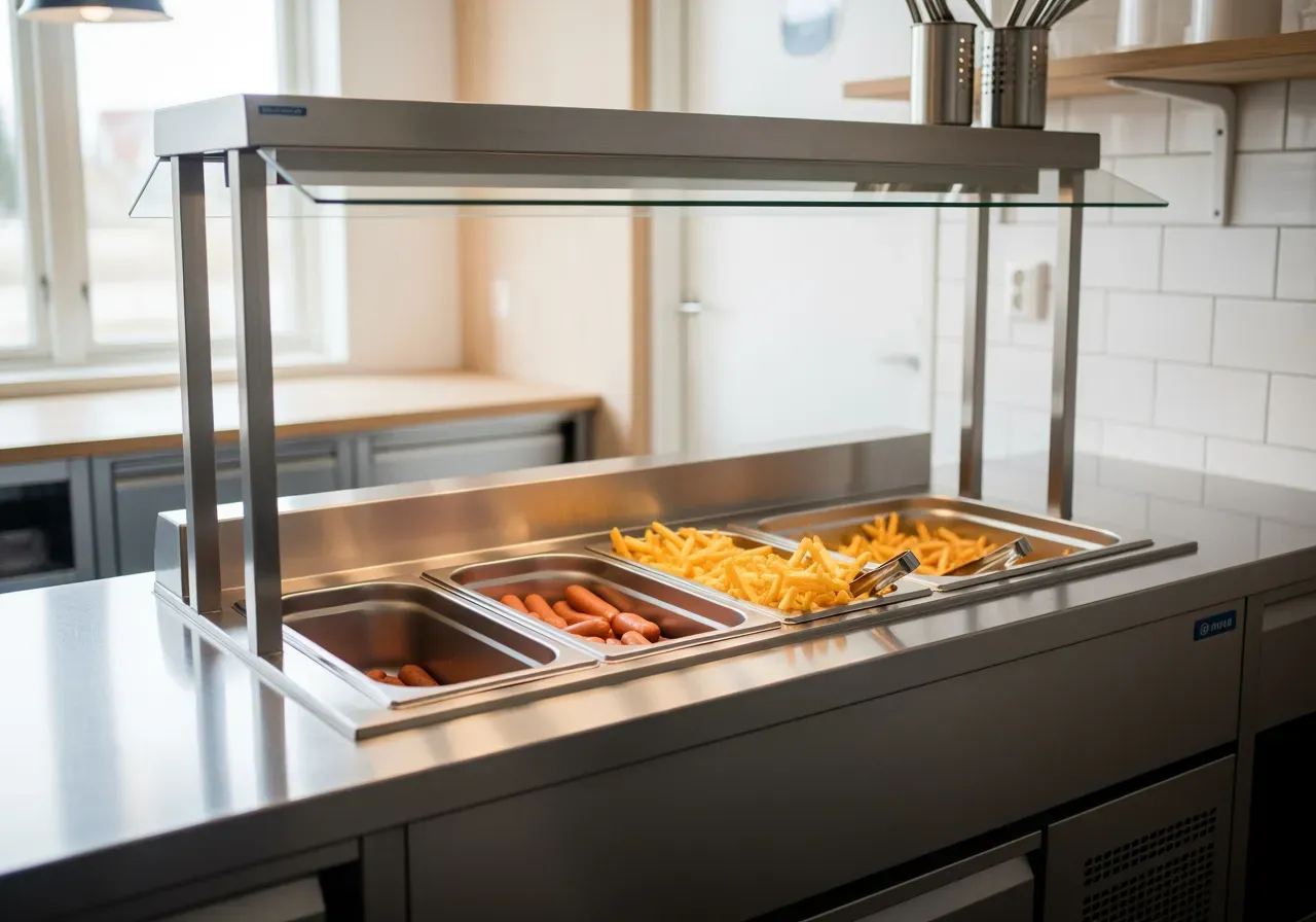 Rostfri station för korv och pommes