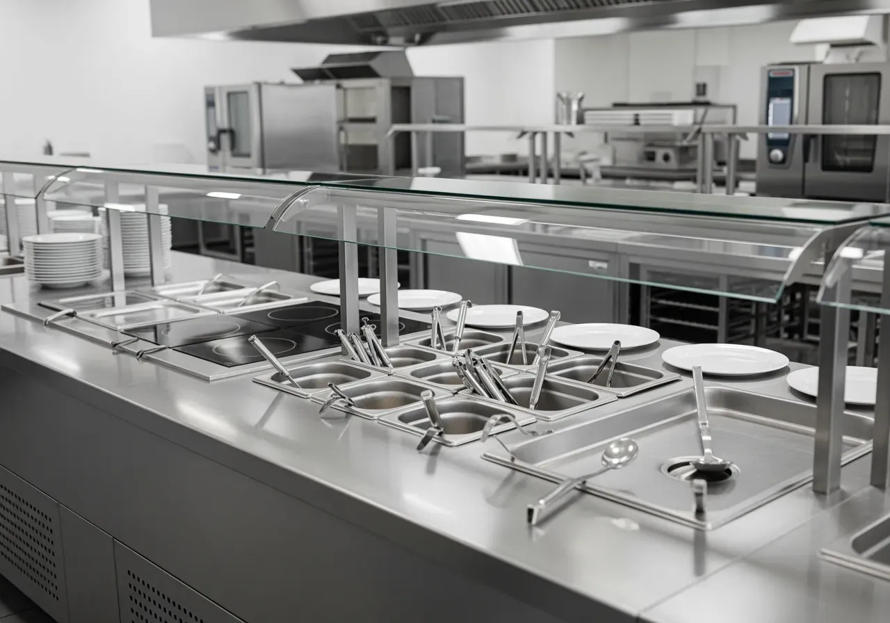 Rostfri serveringslinje i storkök