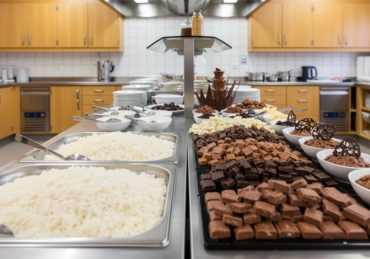 Buffé i storkök med ris och choklad