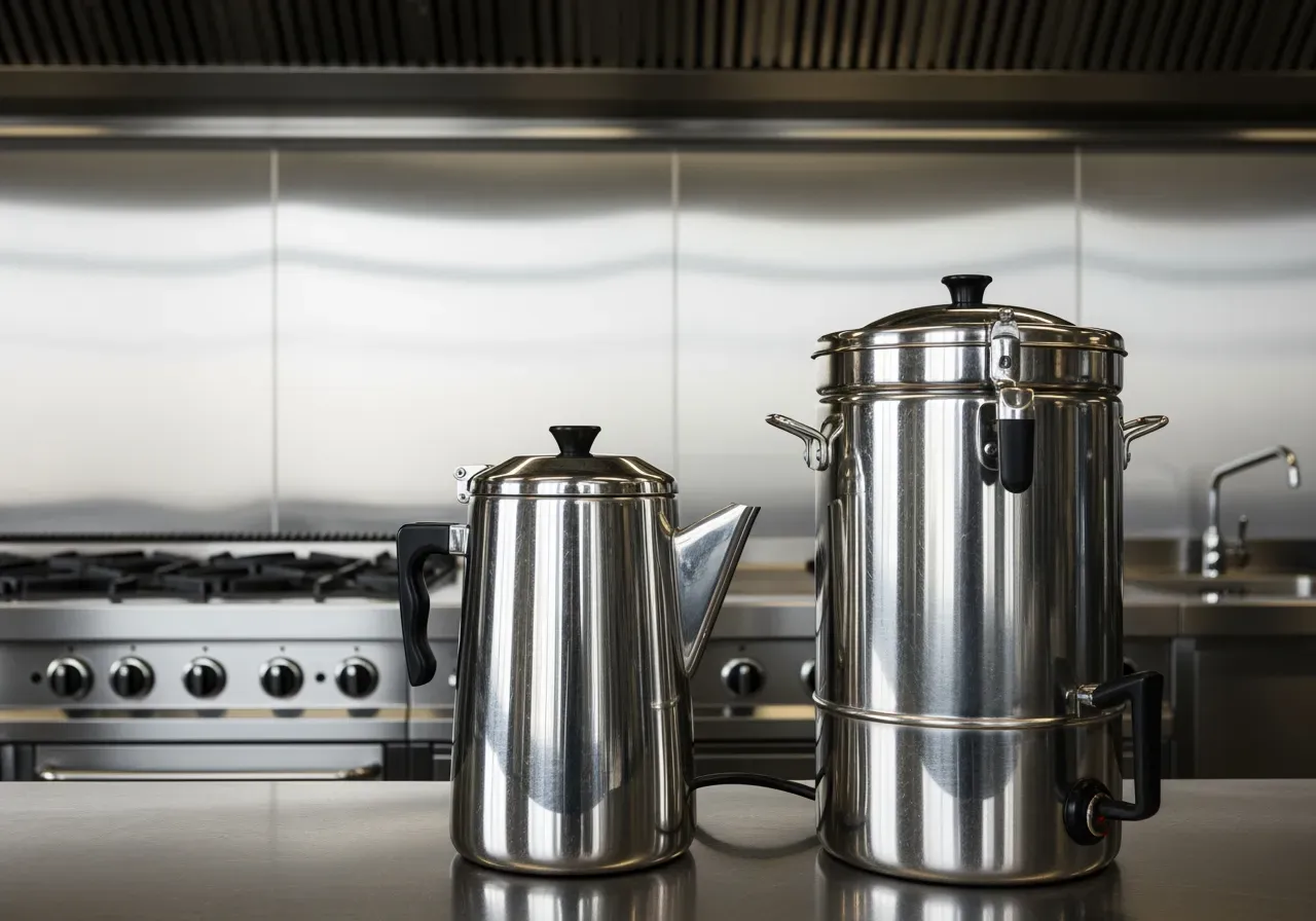 Kaffekanna och perkulator i storkök