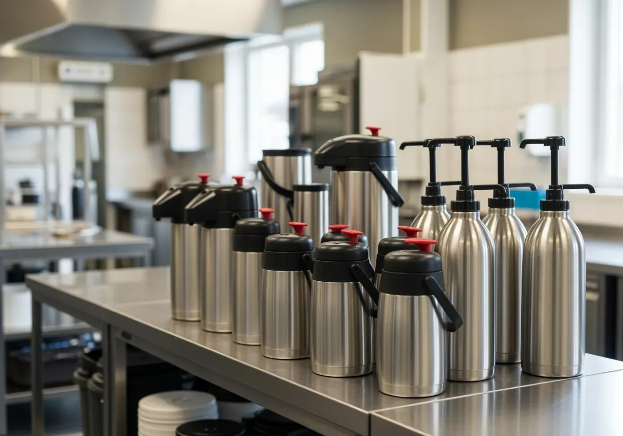 Termosbehållare och pumptermos för storkök